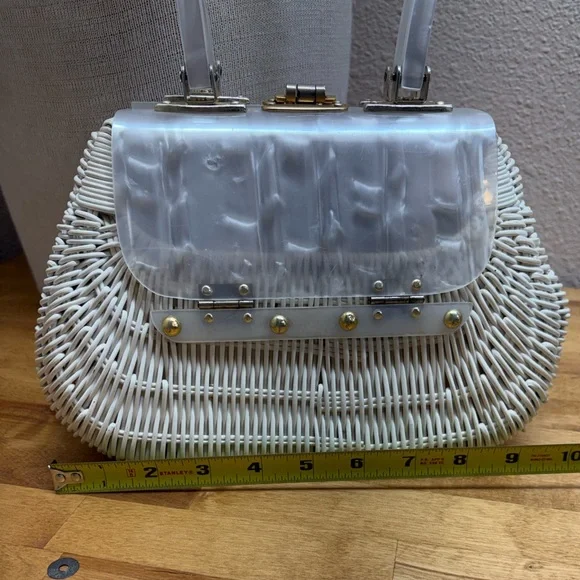 Vtg 50s 60s White Wicker Box Purse Marbled Lucite Lid NSB Japan + Spare Handle - Picture 8 of 10